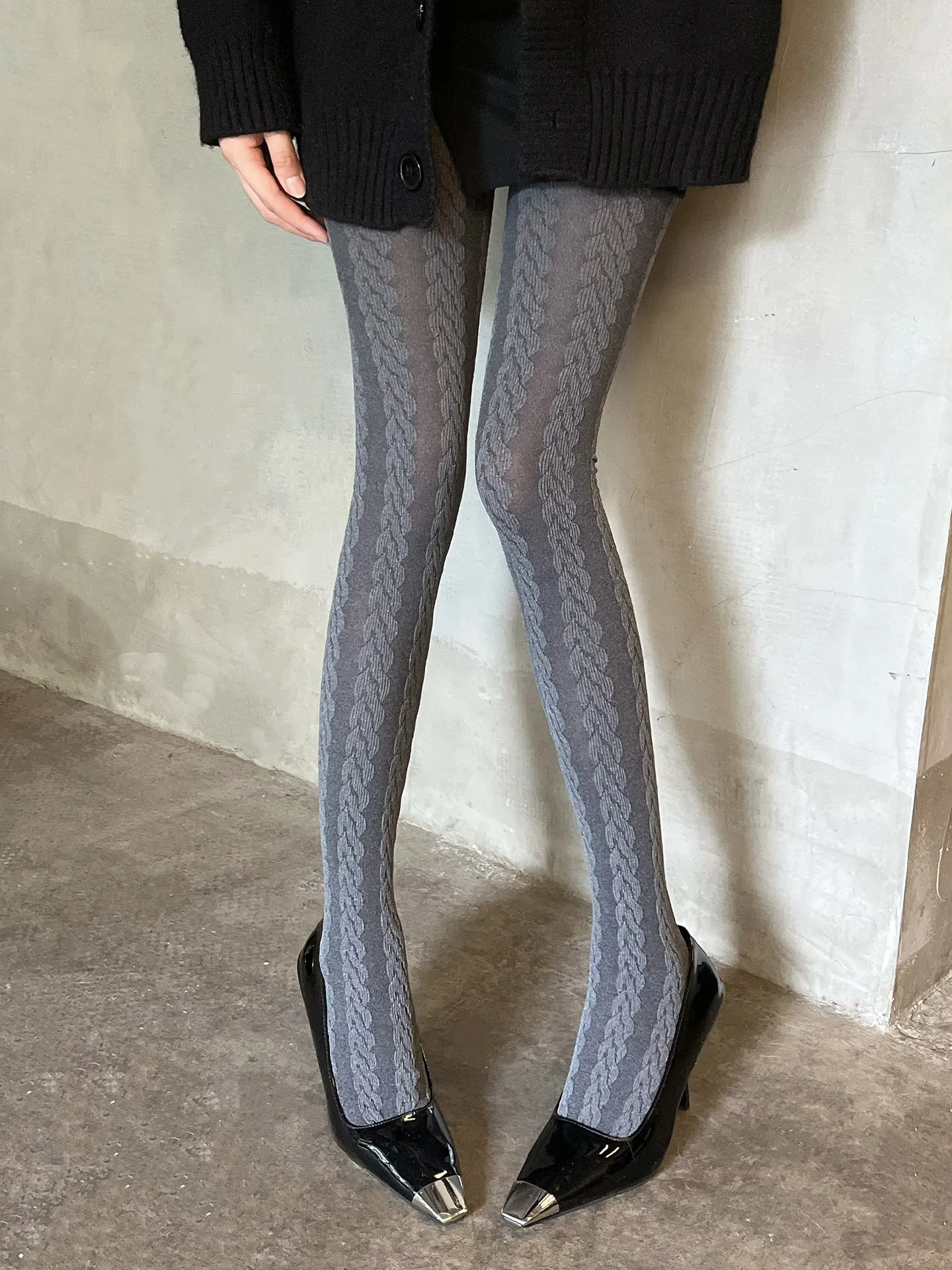 Women Gray Cable Knit Pattern Tights High Waist Stretch Pantyhose Textured Stockings for Autumn Winter Daily Wear
