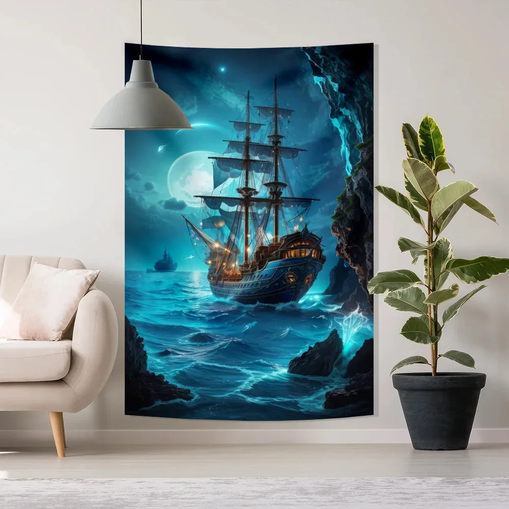 

Pirate Boat Vintage Ship Sailing Tapestry Mystic Night Tapestries Wall Hanging For Bedroom Living Room Dorm Home Decor