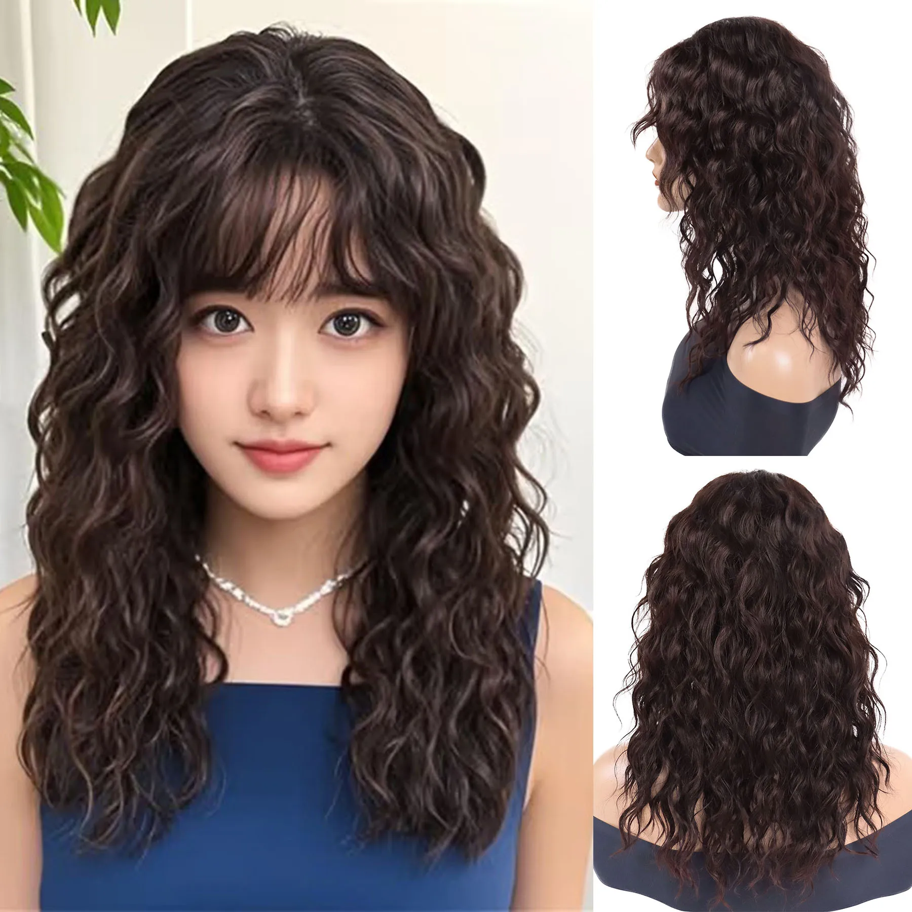 

Synthetic Natural Brown Hair Wigs Long Curly Hair for Women Girls Daily Use Wig with Fake Bangs 70s 80s Costume Outfits Wigs