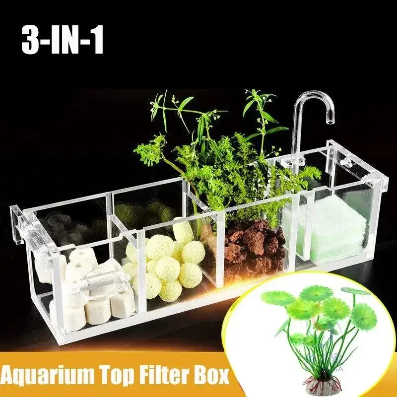 Aquarium Filter Acrylic Fish Tank Filter Dry and Wet Separation 3 in 1 Small Silent External Suspend Aquarium Drip Overflow Box