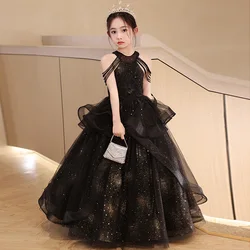 Girls Black Elegant Flower Beading Children Princess Wedding Bridesmaids Gown Kids Dresses baby Birthday Party ball Long dress