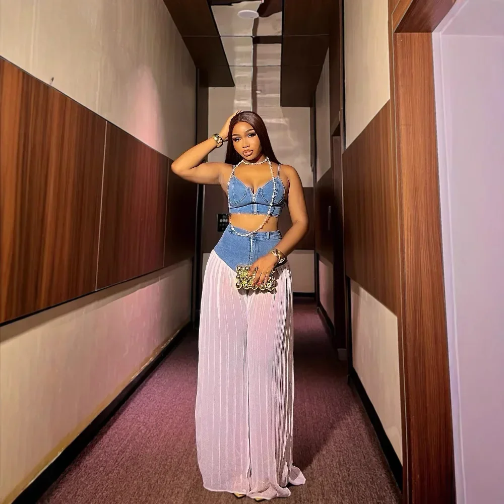 

2 Piece Sets Women Sexy Denim Camisole Wide Leg Pants Patchwork Folds Slip Vest Floor Length Suit 2025 Summer Casual Outfits