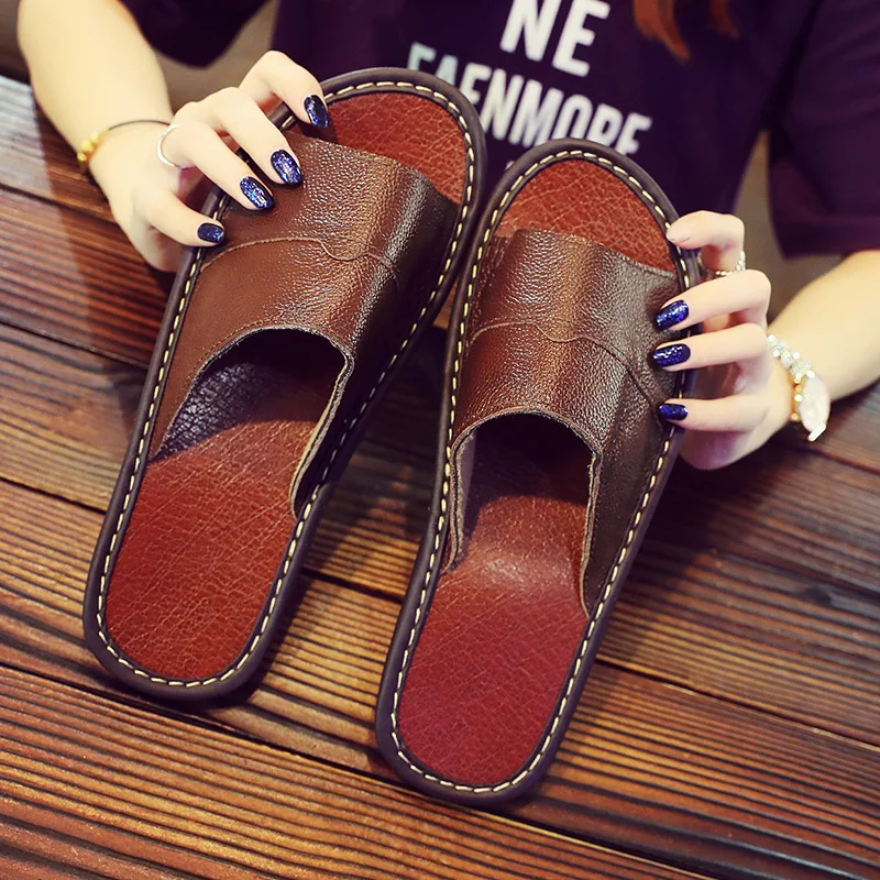 Couple Slippers Genuine Leather Cowhide Men Women\'s Slippers Spring Summer Non-Slip Flats Shoes Comfortable Soft Beach Shoes