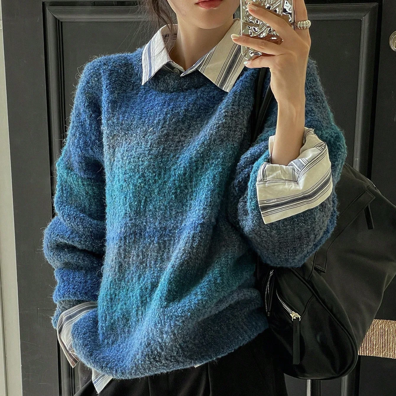 

2025 Autumn/Winter New Retro Sweater Women's Gradient Soft Wax Crew Neck Loose Knitwear