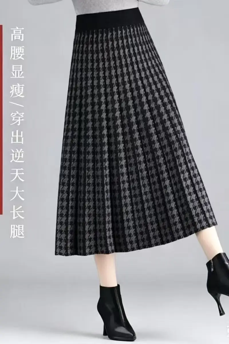 2026 Women's Autumn Winter New Thick Warm Knitted Skirt Female Long High Waist Skirts Ladies Patchwork A-line Skirts