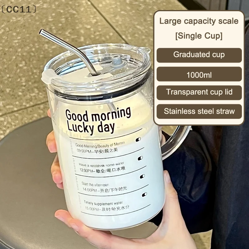 

〔CC11〕Straw Glass Cup With Handle With Lid Scale Water Cup Glass 1000ml Large Capacity Juice Milk Bottle Home Office