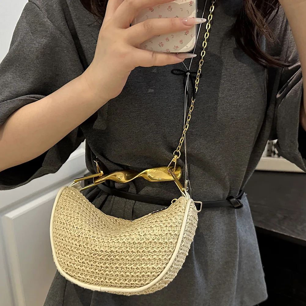 

Женская элегантная вязаная сумка-слинг с металлической ручкой, летняя пляжная сумка на плечо, модная соломенная сумка, приморская соломенная сумка