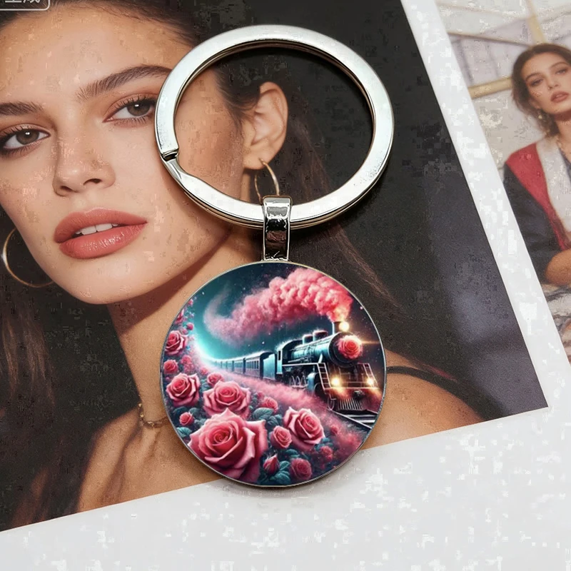 New Rose Train Pattern Exquisite Alloy Keychain Durable Small Pendant