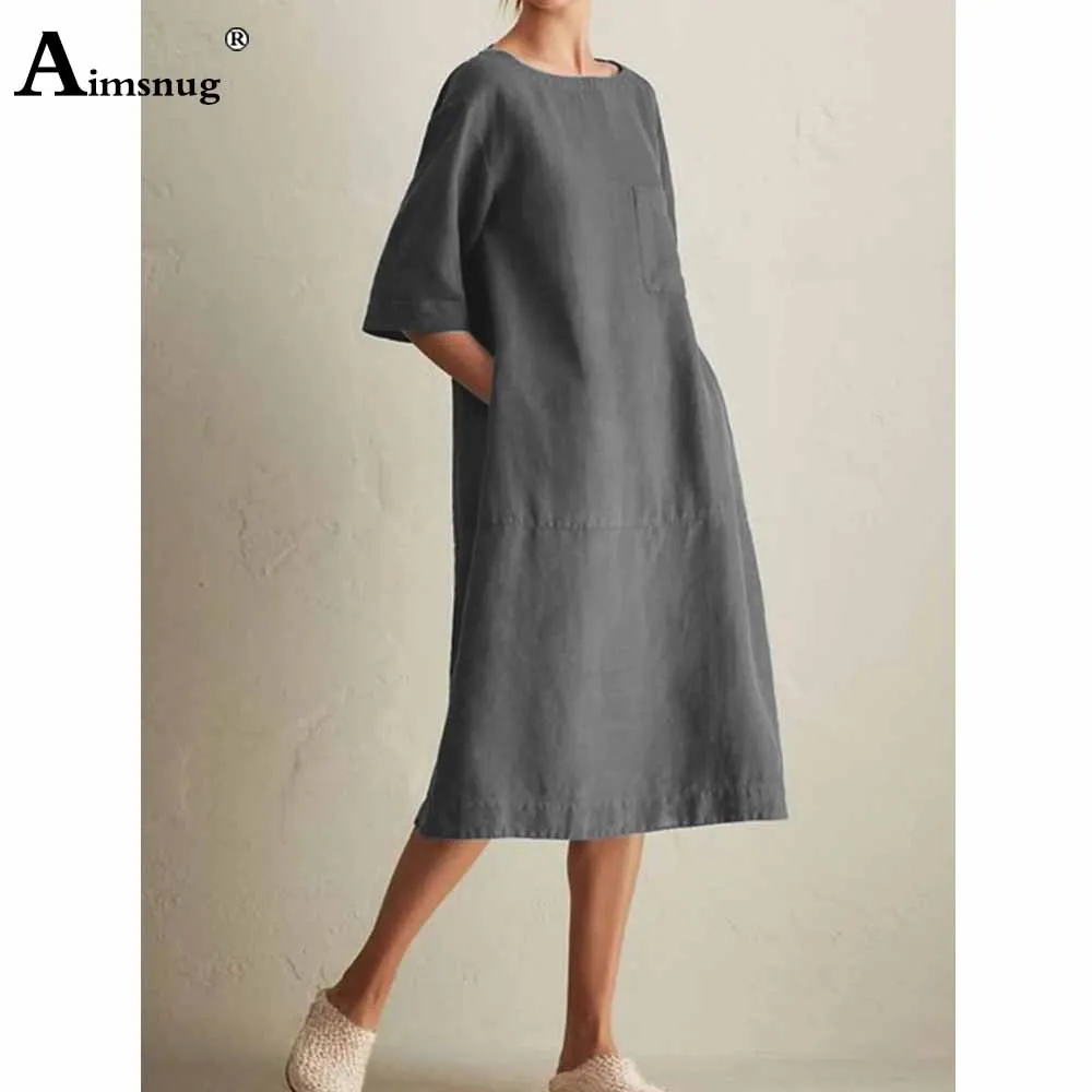 2023 Summer Ladies Casual O-neck Mid-Calf Dress Half Sleeve Stand Pockets Dresses Oversized 3XL Women Loose Chic Dress Femme