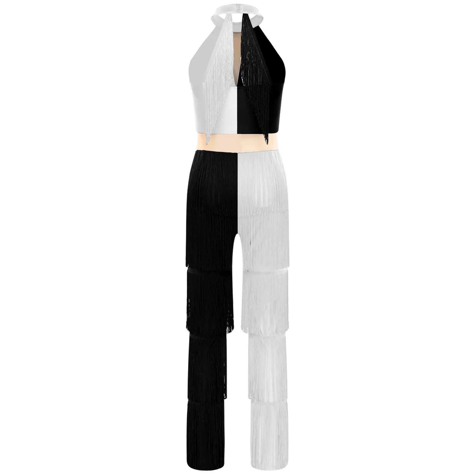 Women Latin 70s Disco Outfits Retro Party One Piece Costume Sequin Tassel Fringe Long Pants Jumpsuit Bodysuit Clubwear Dancewear