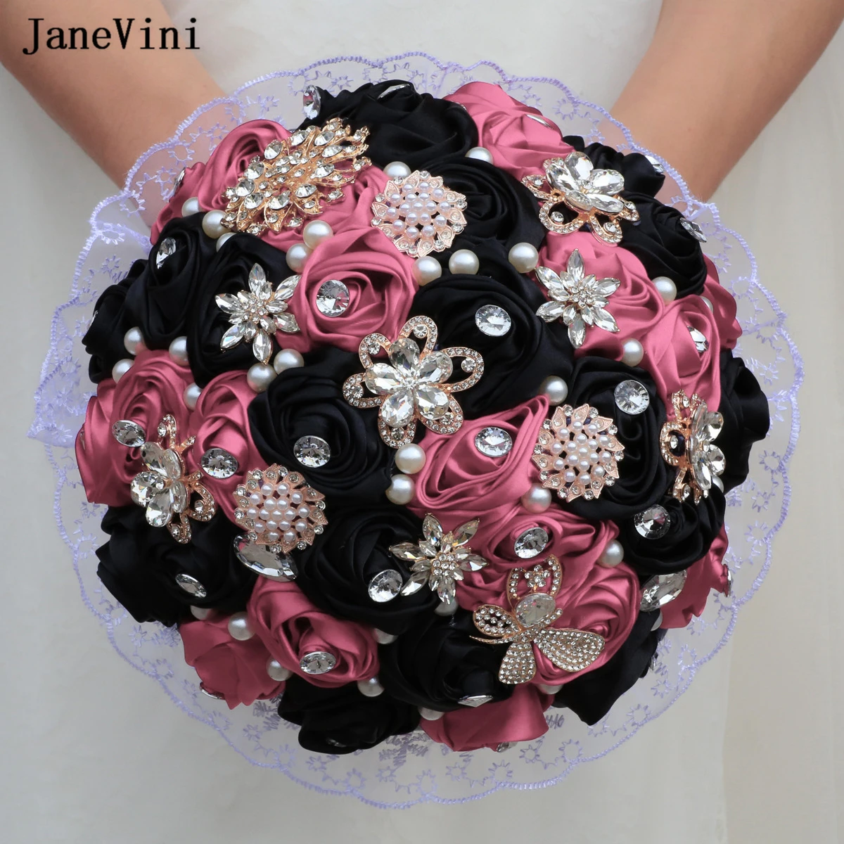 JaneVini-Broche Ivoire Abricot Élégant, Bouquet de Fleurs Poubelles en Satin Artificiel, Bouquets de Patients, Perles de Clip, Décoration de Mariage