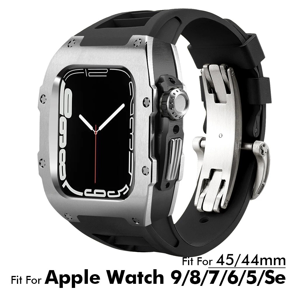 

For iWatch Series 9 8 7 6 5 4 SE Metal Case For Apple Watch 44MM 45MM Modification Kit Premium Titanium Case Fluororubber Strap