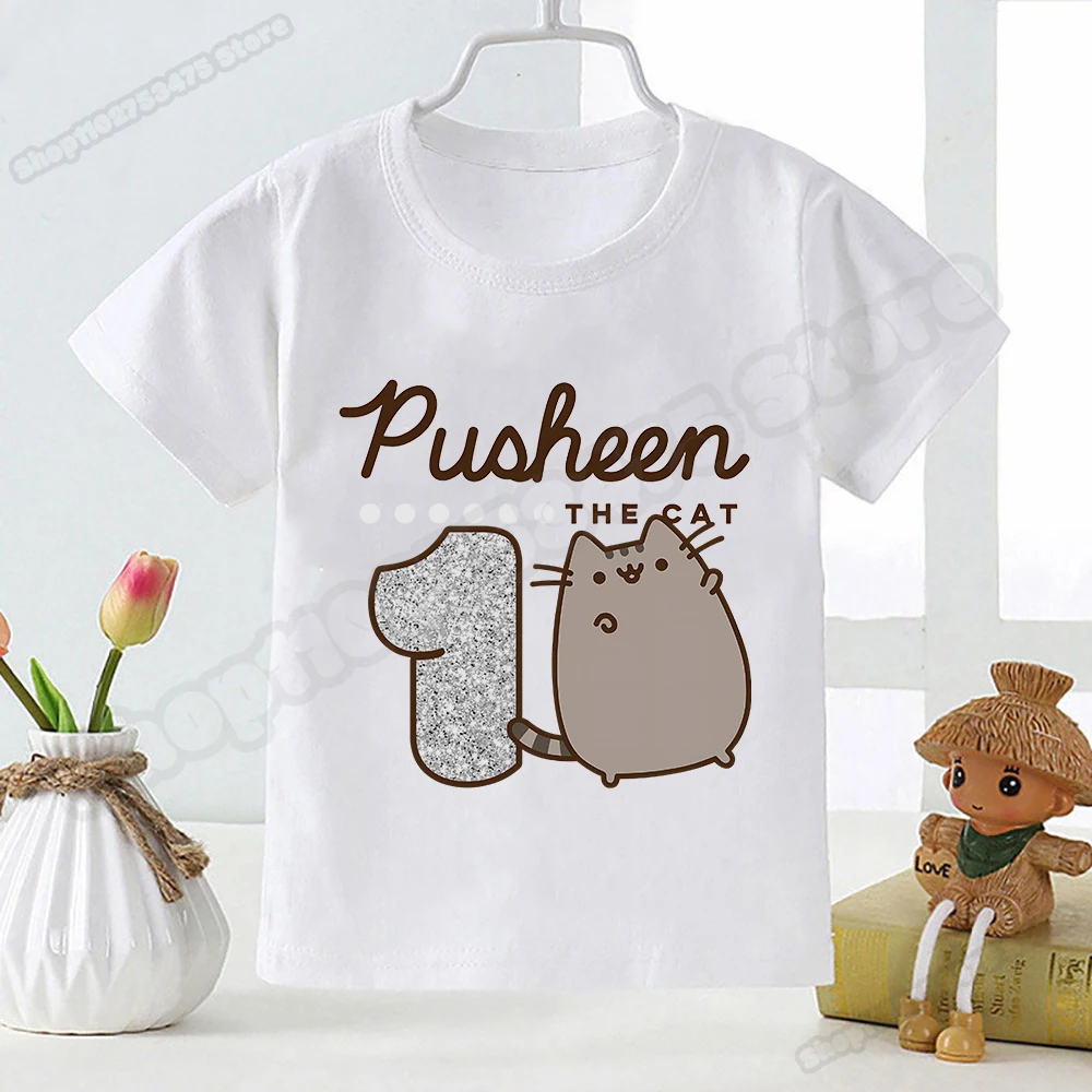Милая аниме футболка Pusheen для девочек, детская повседневная одежда с мультяшным рисунком, детский топ с цифрами на день рождения, летняя Милая Модная хлопковая футболка, подарок