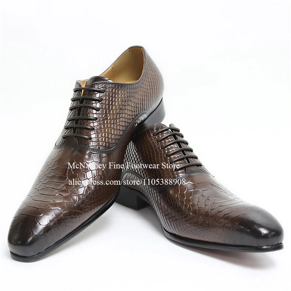 Brown Crocodile Embossed Buckle men Monk Shoes Lace Up pointed toe Formal shoes Business Wedding Party Gentleman oxfords shoes
