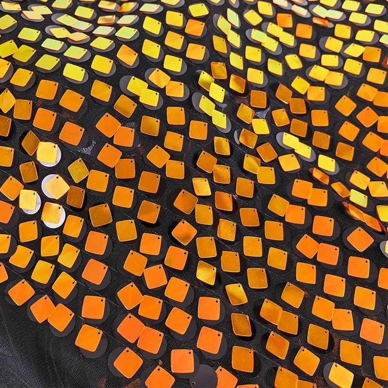 Luxury Double Layer Overlapping Square Round Sequin Embroidery Mesh Fabric 3D Sparkling Designer Fashion DIY Sewing Cloth