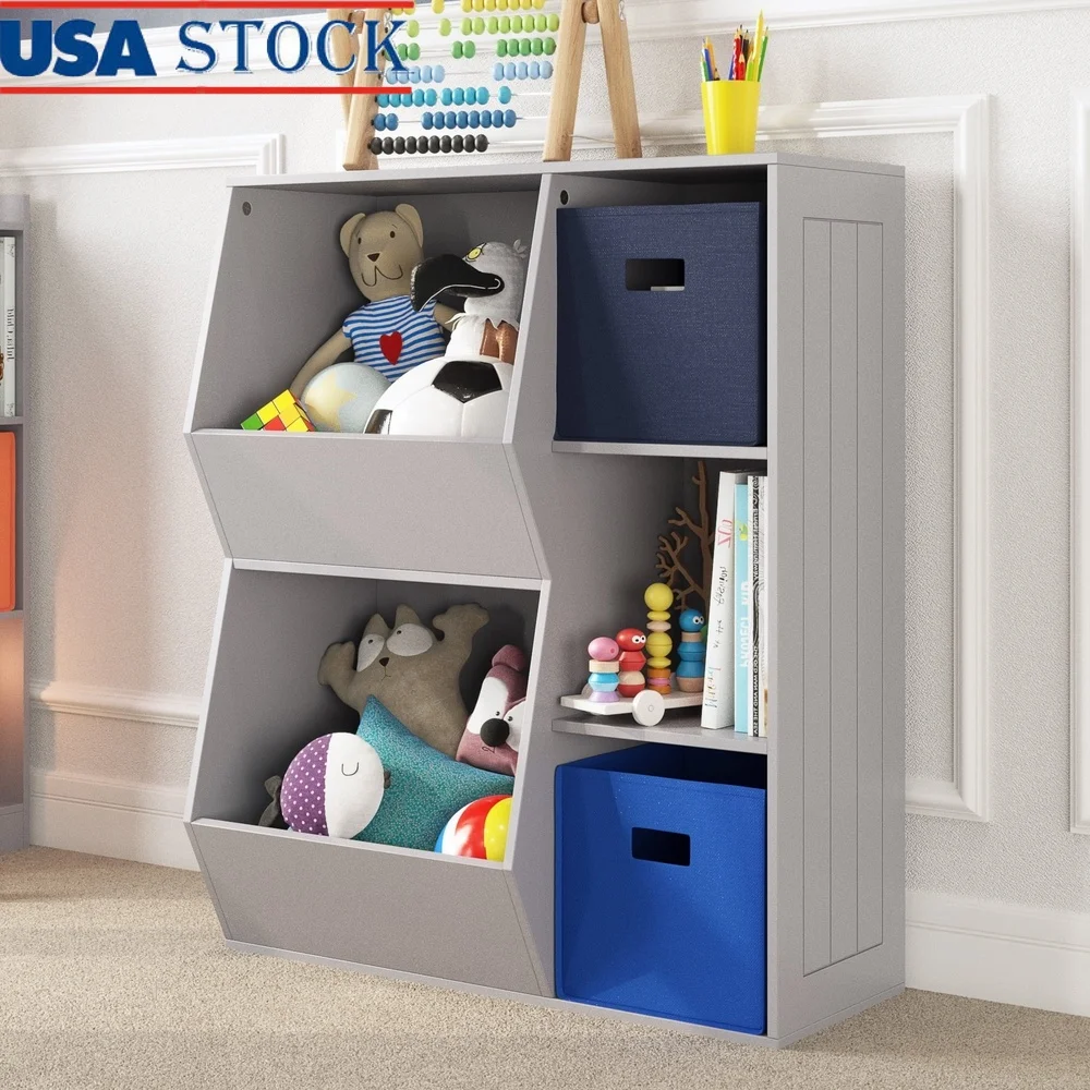 

Kids Playroom Toy Organizer Bookcase with 3 Cubbies 2 Storage Bins Durable MDF Vertical Design Toddlers Ages 3 and Up