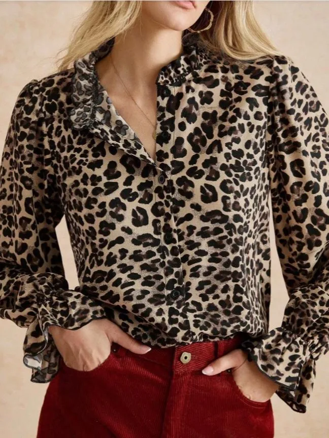 

Spring Autumn Women's Clothing Print Collar Front Long Sleeve Shirt Vintage Polyester Regular Fit Top
