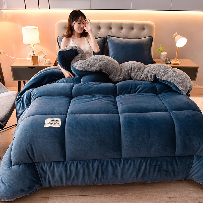 New Super Warm Faux Lambs Fleece Winter Comforter Double-Sided Plush Thickened Soft Fluffy Quilt Blanket for Single Double Bed