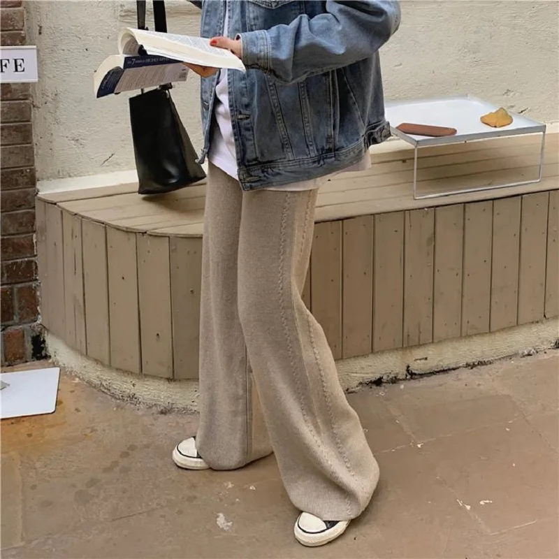 

Harajuku Casual Twist Cover Crotch Knitted Wide Leg Pants Women Autumn Winter High Waist Hanging Lengthened Straight Leg Pants