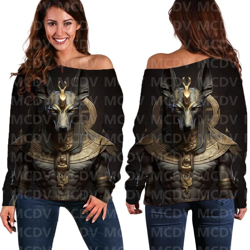 Women's Off Shoulder Sweater Pharaoh 3D Printed Women Casual Long Sleeve Sweater Pullover