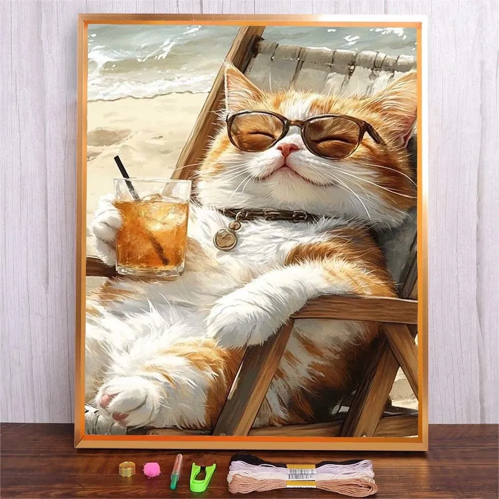 

Cross Stitch Kit Cotton Thread Cross-Stitch DIY Craft Embroidery Fabric Full Printed Canvas Set Adults Hobby Gift Cartoon Cat