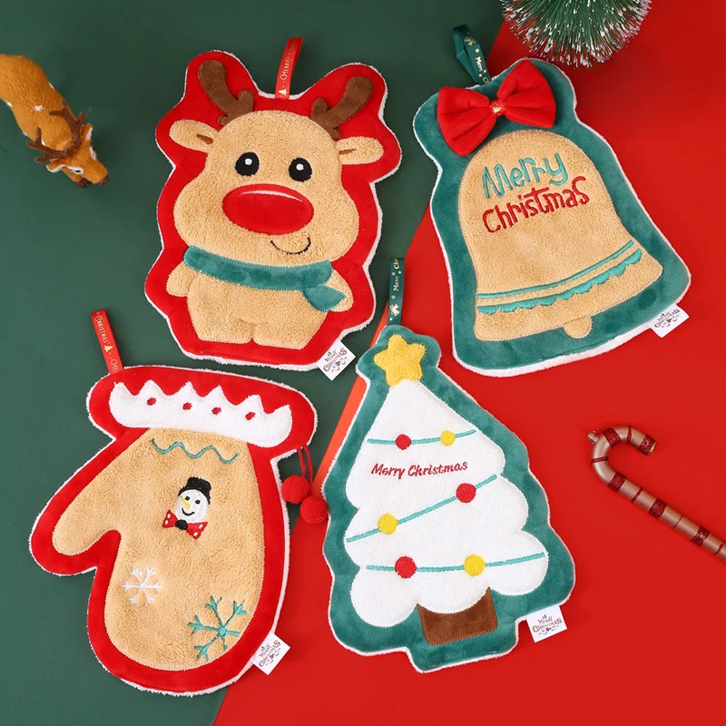 1Pc Coral Velvet Christmas Hand Towel Cartoon Santa Claus Bell Gloves Reindeer Shape Water Absorbent Hanging Handkerchief Towels