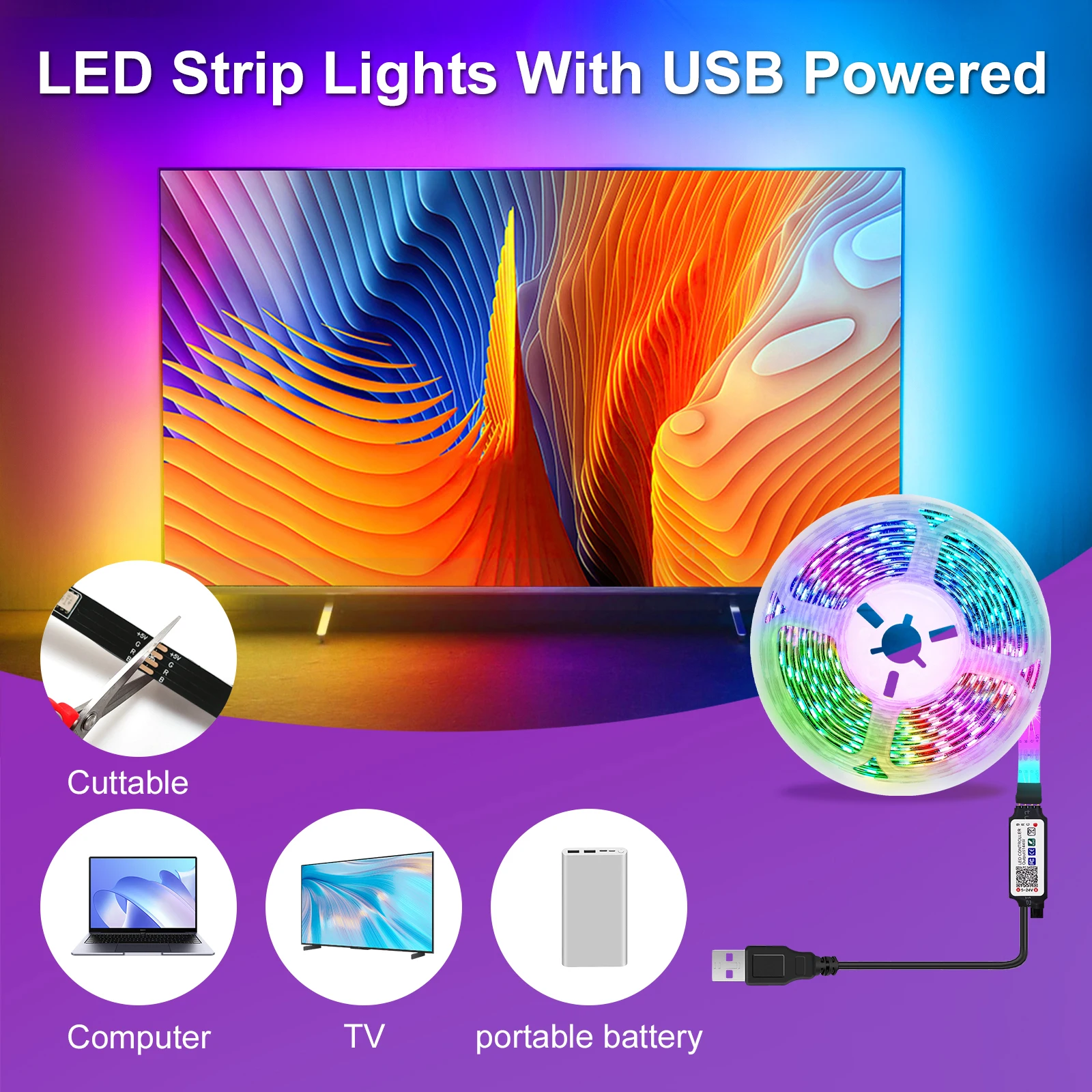 44keyUSB TV Backlit LED Strip Lights ,with Built-in MIC Music Sync Remote,Bedroom Bluetooth APP Controlled LED , Game Room Decor