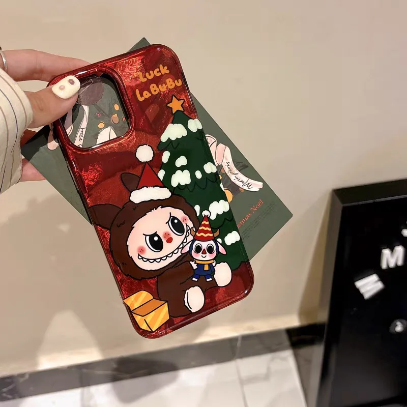 Funda de teléfono con patrón de Labubu de Navidad de dibujos animados para iPhone 12, 13, 14, 15 16 Pro Max, funda protectora a prueba de golpes, funda acrílica para regalos