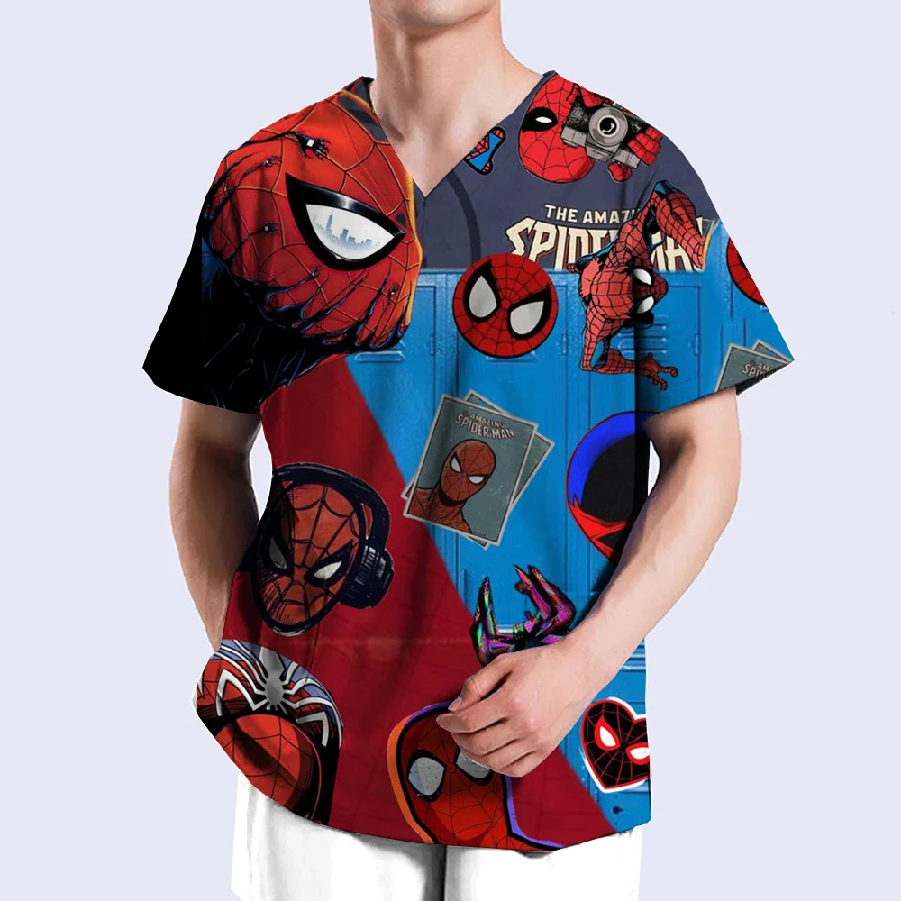 Medical Uniforms Marvel Spider Man Nurse Scrub Tops Dental Hospital Nursing Shirts Cartoon V-neck Blouse Mens Clinical Scrubs