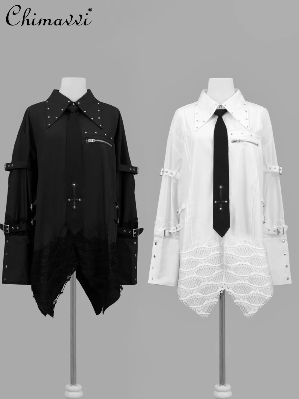 Japanese Mine Rivet Cufflink Decoration Cross Tie Shirt Spring New Goth Dark Girl Lace Splicing Pointed Neck Long-sleeved Blouse