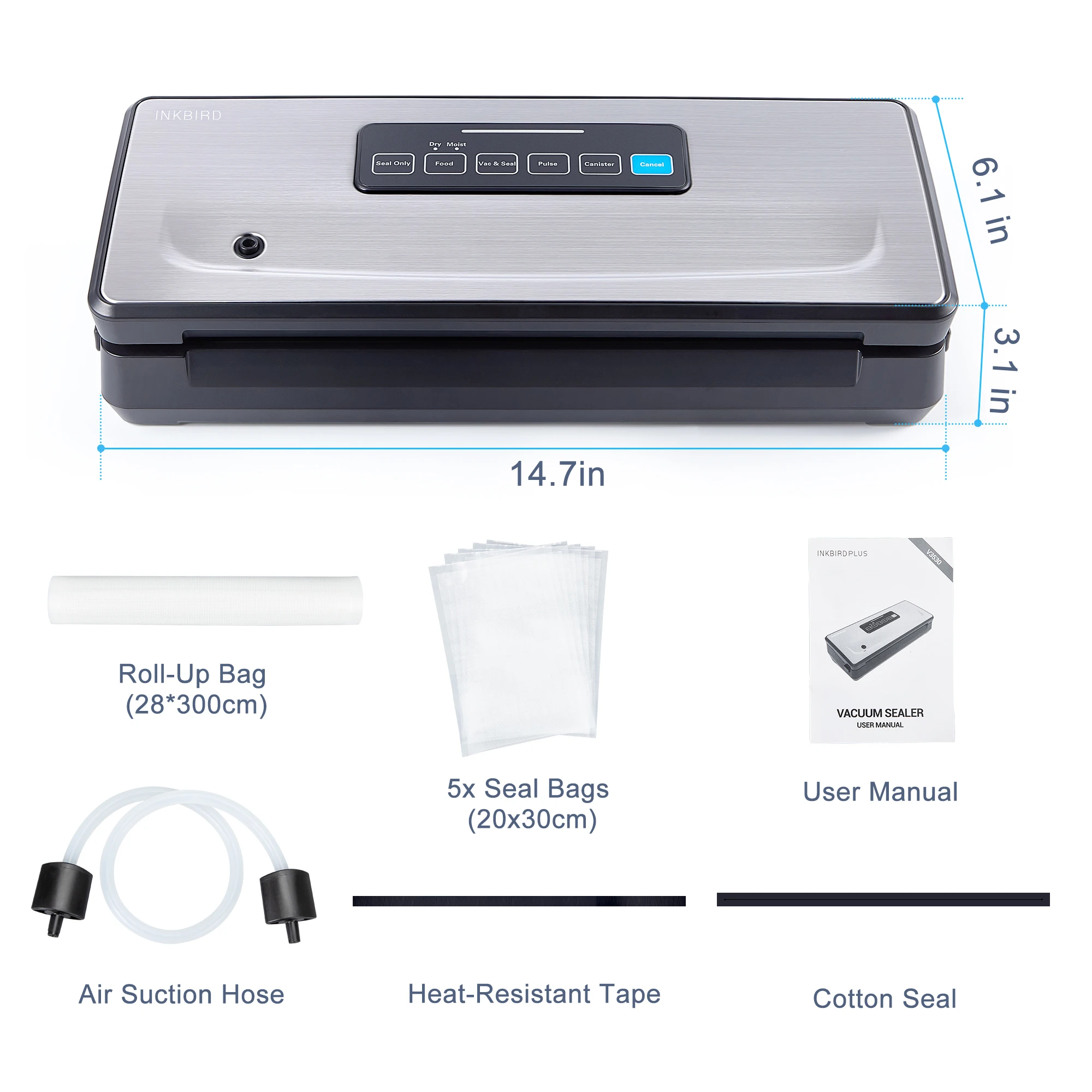 INKBIRD INK-VS02 Vacuum Sealer Packing Machine With Free Bags & Starter Kits & Built-in Cutter & Dry/Moist/Pulse/Canister Modes