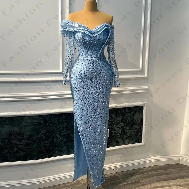 Luxurious Sparkling Beading Evening Dresses For Women Simple Backless Formal Sexy Mermaid Off Shoulder High Slit New Prom Gowns