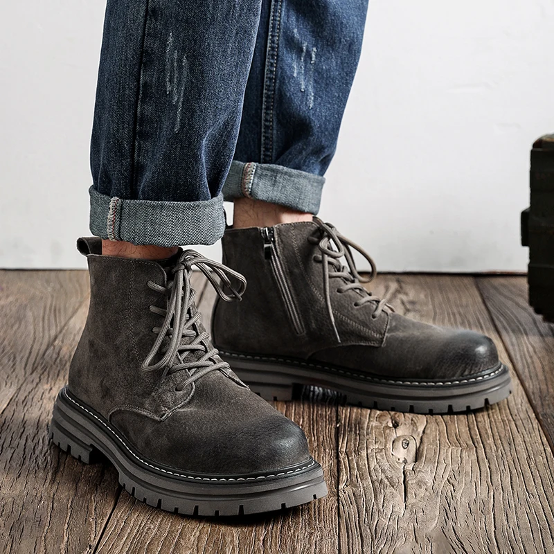 Bottes rétro en cuir véritable pour hommes, bottes de travail de style britannique, semelle optique, chaussures en daim, automne, hiver, nouveau, 2023