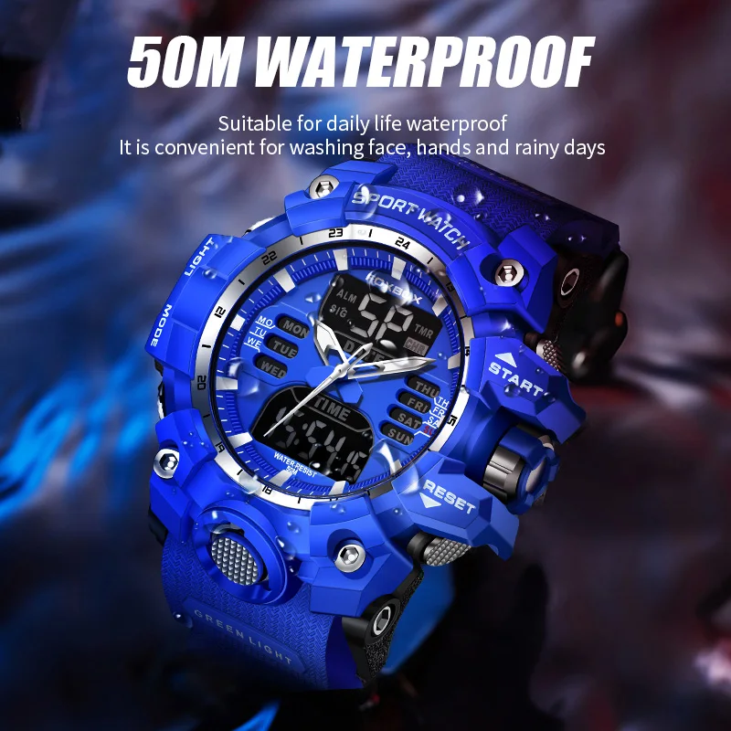 FOXBOX ساعة رقمية LED للرجال ساعات رياضية للرجال ساعة إلكترونية متعددة الوظائف ساعات رياضية عسكرية ساعة هدايا للأطفال + صندوق