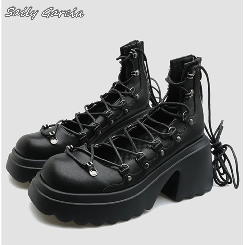 Mary Jane Tank Sole Lace Up Hollow Lolita Leather Boots Y2K Punk Style Hot Girl Casual Boots Round Toe Platform All-Match Pumps