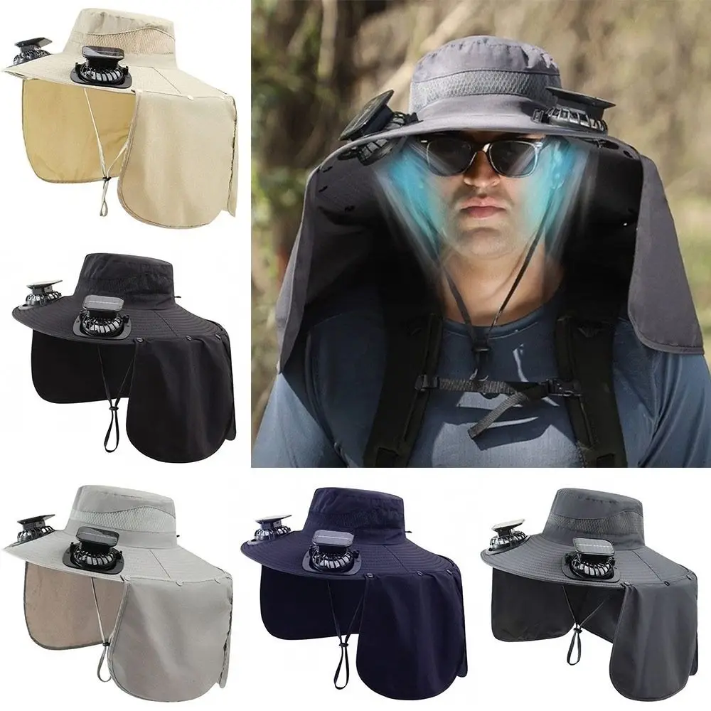 Outdoor Anti UV Solar Fan Hat Dual Solar Fan Solar Charging Fisherman Hat Wide Brim ​​Rechargeable​​ Bucket Hat for Men