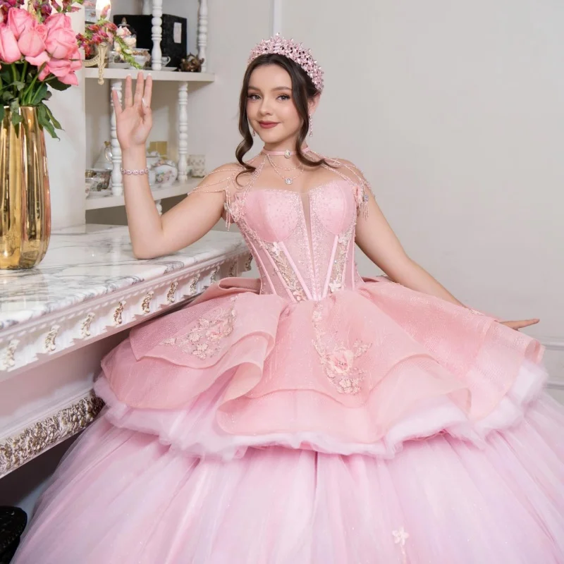 

Pink Quinceanera Dress off-shoulder glitter 3D Flower Decal Long tail layering Bow Vestidos De 15 Quinceanera ﻿Customize