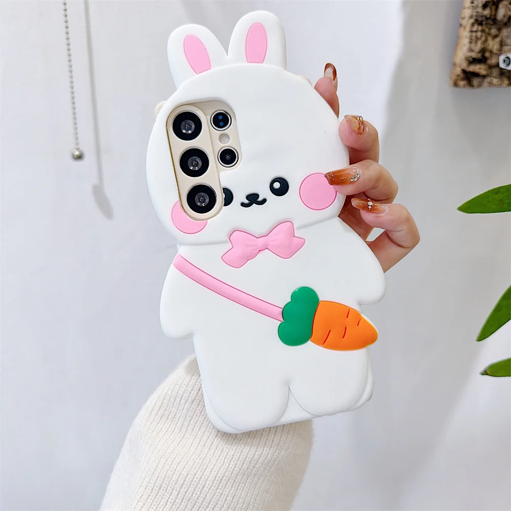 

Sweet Girly Adorable 3D Bow Bunny Carrot Phone Case for 17 Pro Max Soft Silicone Protective Cover for iPhone 16 15 14 13 Pro
