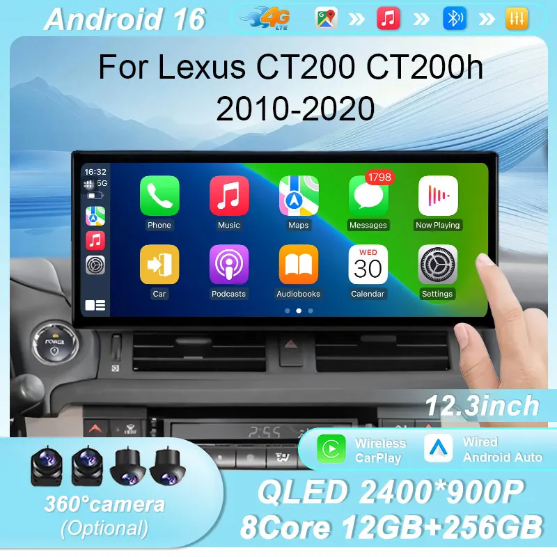 

12.3-дюймовая автомагнитола Android 16 для Lexus CT200 CT200h 2010-2020, мультимедийный плеер, GPS-навигация, стереосистема, Carplay, Auto, WiFi, BT, DSP
