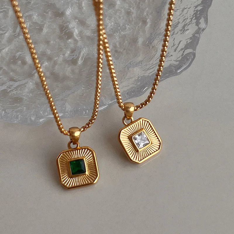 Colored green square pendant necklaces stainless steel necklace for women simple dainty geometric jewelry vintage elegant jewel