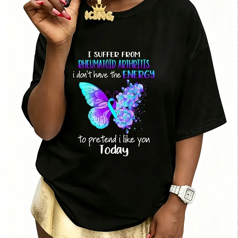 I Suffer from Rheumatoid Arthritis Awareness Butterfly Women's 100% Cotton T-Shirt Short Sleeve Top Casual Round Neck Fun Print Tee S-5Xl