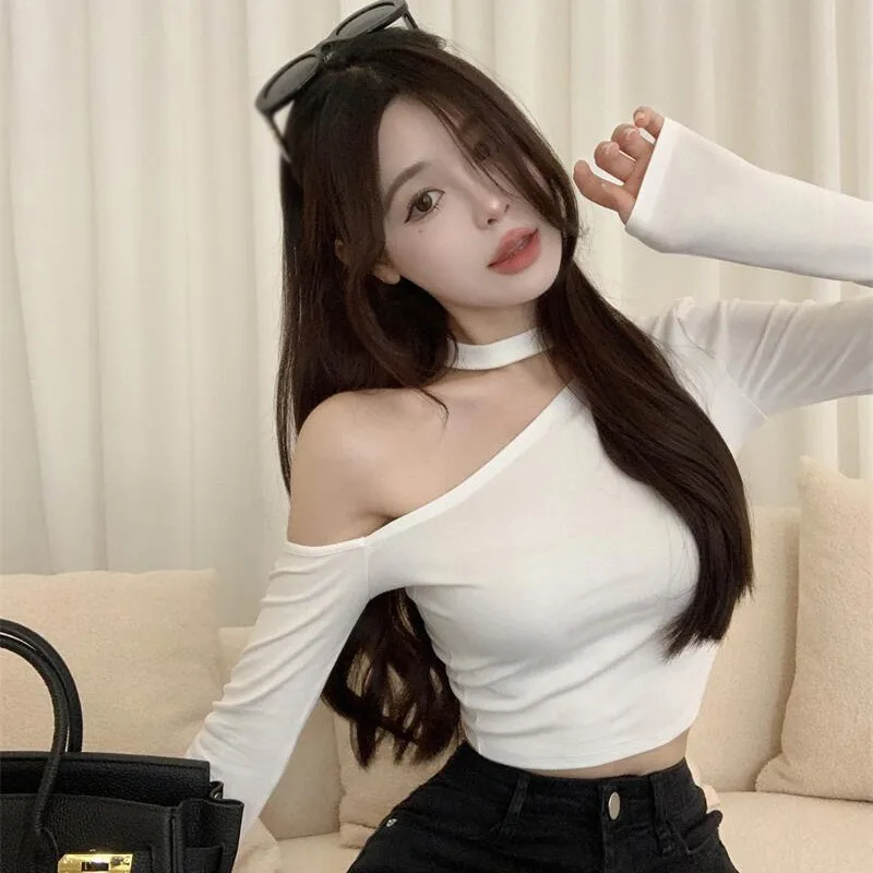 Korean Version Hanging Neck T-shirt With Sloping Shoulders Slim Fitting Sexy off Shoulder Short Long Sleeved T-shirt Top