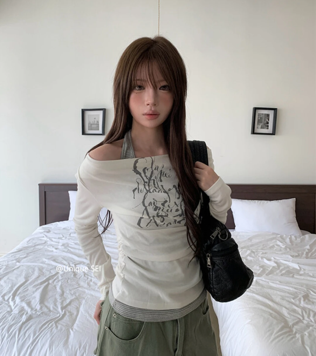 韓国風オフショルダープリントフェイクツーピース長袖Tシャツ女性用秋スパイシーガールスリムフィットカジュアルY2kトップ