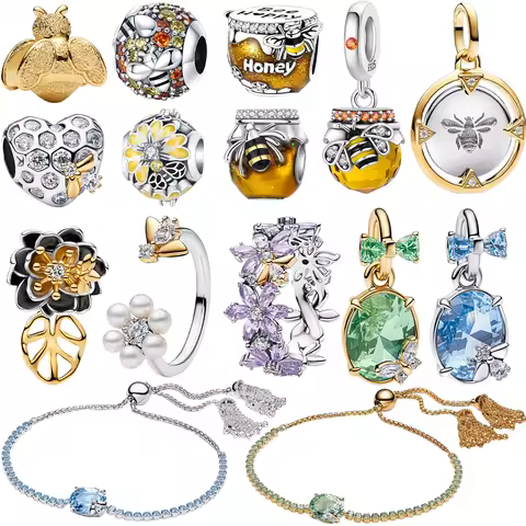 Summer New Original 925 Sterling Silver Bee Charms Honey Flower Ring Beads Pendants Fit Bracelet Necklace DIY Jewelry Gift