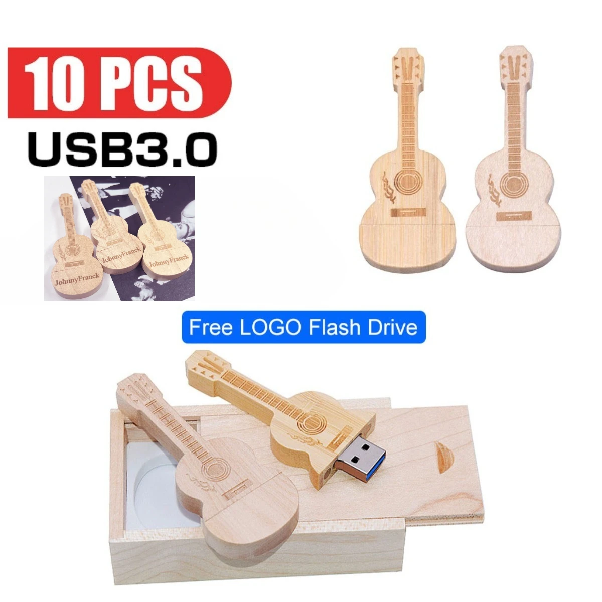 

10 шт./лот, USB-флеш-накопитель 3.0, деревянный, в коробке, в форме гитары, 8 ГБ, 16 ГБ, 32 ГБ, 64 ГБ, 128 ГБ, флешка с возможностью нанесения логотипа, подарки