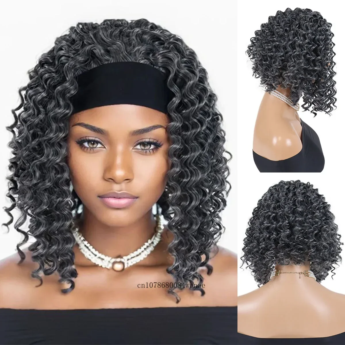 Perucas longas sintéticas macias encaracoladas para mulheres negras, resistente ao calor, peruca cosplay festa diária, headband cinza, cabelo mais velho, 12"