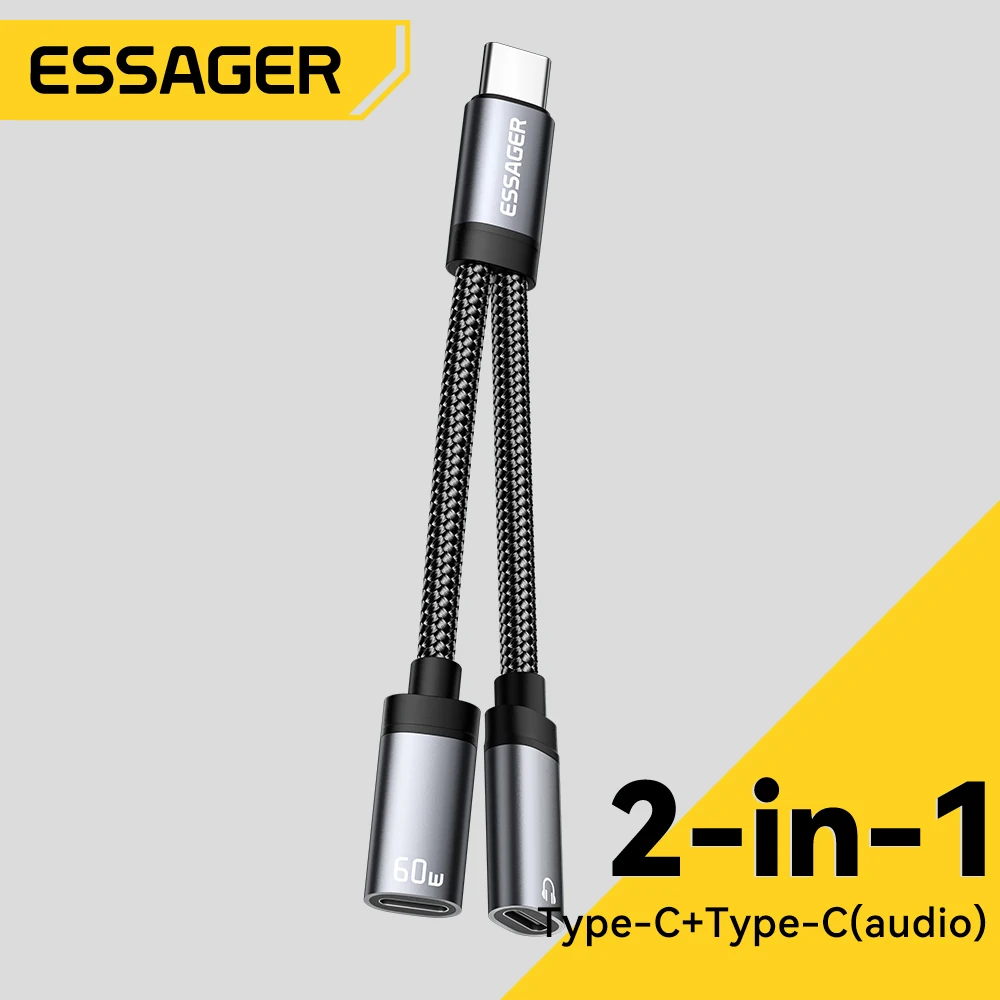 

Essager 2 in 1 Type C to 3.5mm AUX Cable Headphone Adapter PD 60W Fast Charging for iPhone 16 15 Samsung Xiaomi 14 13 Tablet PC