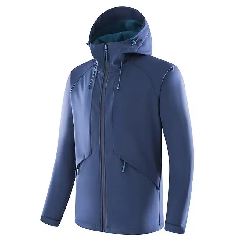 Men Softshell Jacket Winter Solid Hooded Waterproof Windbreak Outdoor Fleece Coat Custom