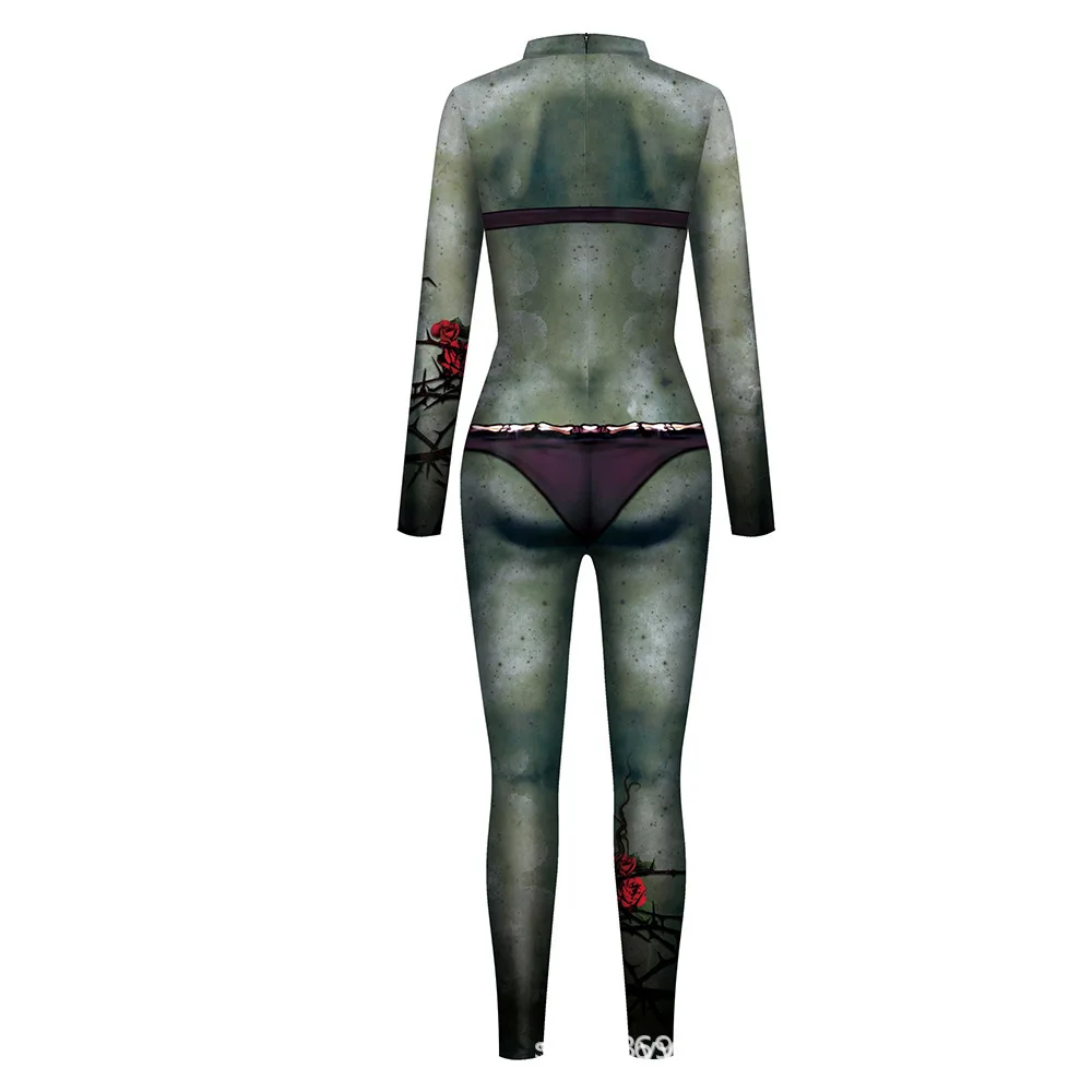 Halloween Sexy Damen Kostüm mit Digitaldruck, Karneval Bodysuit mit Reißverschluss, Party Cosplay Jumpsuit Outfit – Detail 33