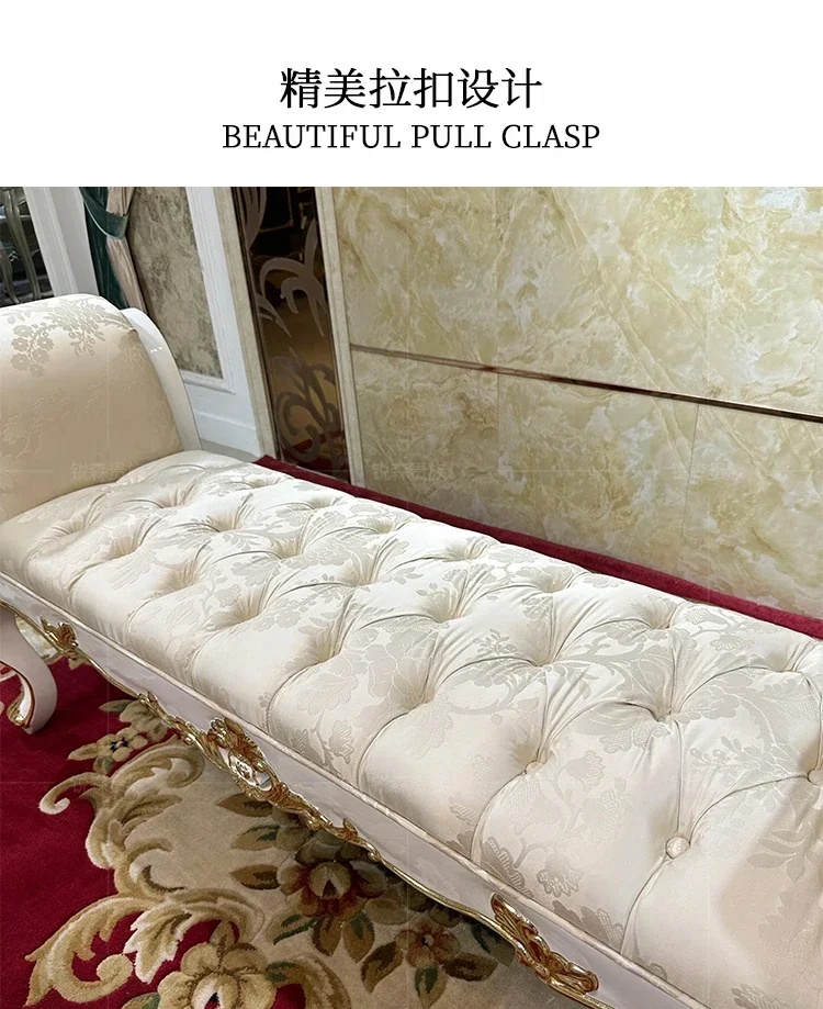 Sgabello da comodino in tessuto francese, panca da comodino per camera da letto in legno massello neoclassico di lusso europeo